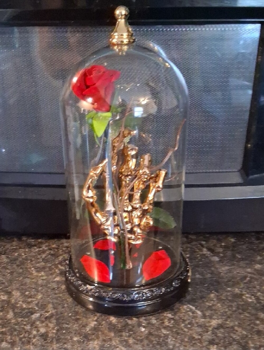 Red Rose In A Gold Skeleton Hand Dome With Light - Picture 3 of 6